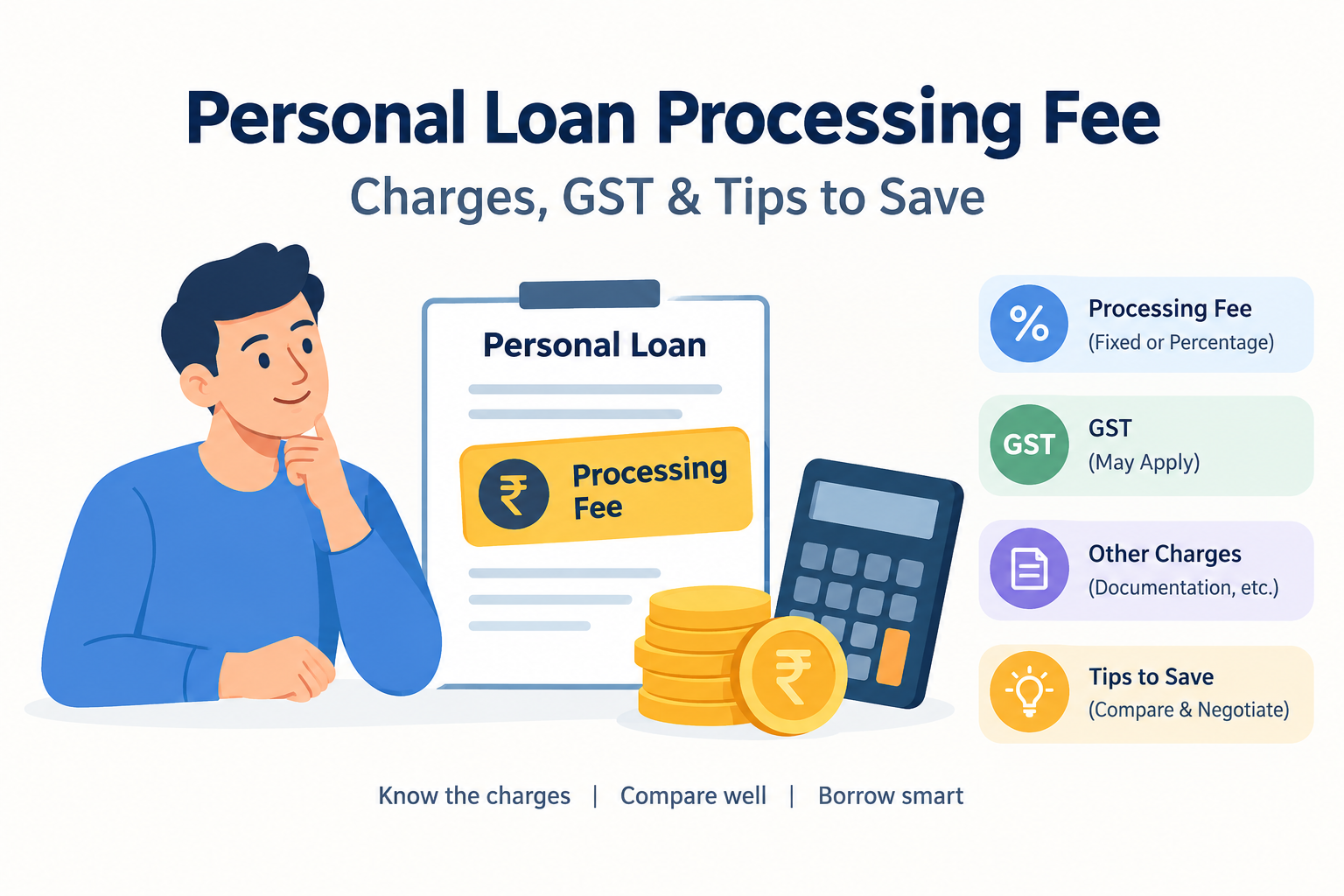 Personal loan processing fee illustration showing a loan document, processing fee, GST, calculator, coins, and tips for comparing loan charges